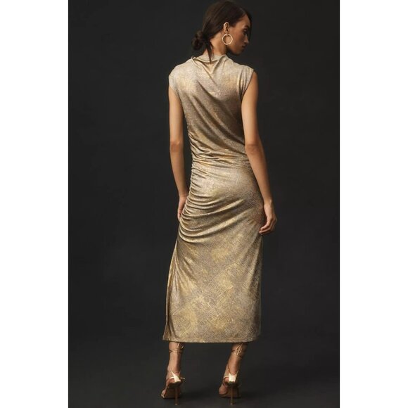 Anthropologie Sz M Maya Ruched Cowl-Neck Midi Dress Shine Edition Metallic Gold - Picture 2 of 11